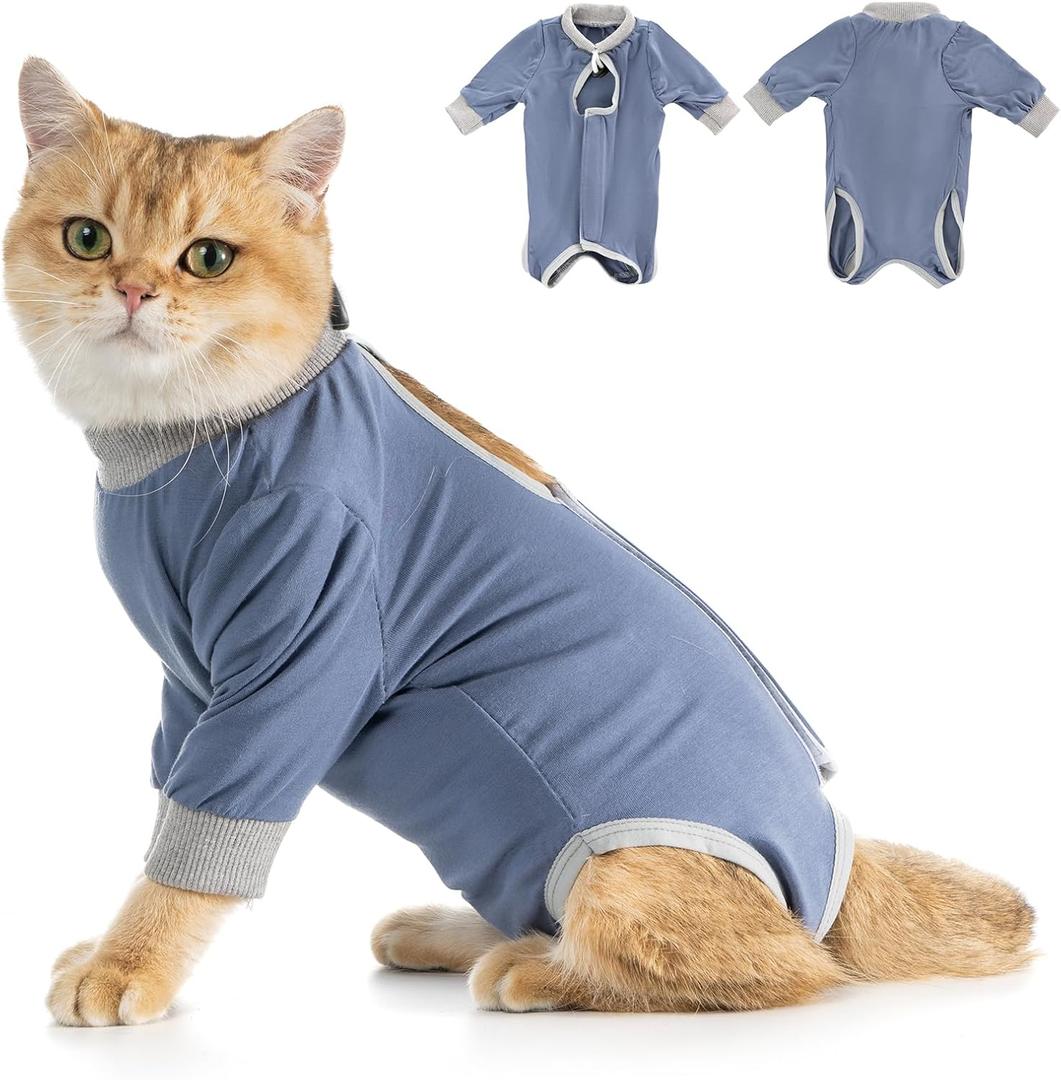Avont Cat Recovery Suit - Kitten Onesie with Front Sleeves for After Surgery, Female Spay Surgical Abdominal Wound Skin Diseases E-Collar Alternative Wear -Greyblue(S)