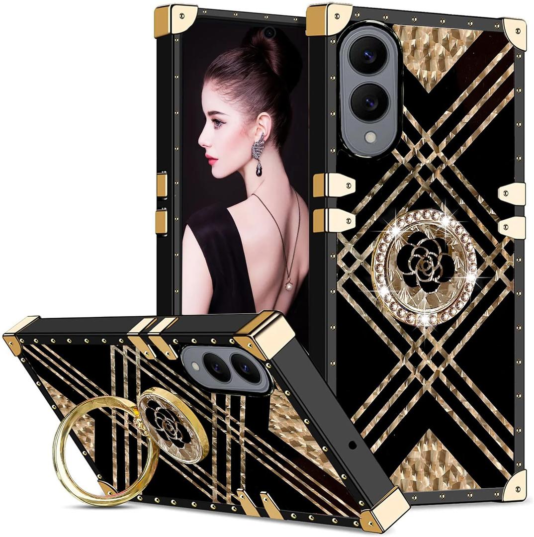 CCSmall for Samsung Galaxy S25 Edge Cute Case for Women Girls, Stylish Classic Camellia Design Soft TPU Bumper with Elegant Metal Corners & Ring Kickstand for Samsung S25 Edge 5G BF Plaid Black
