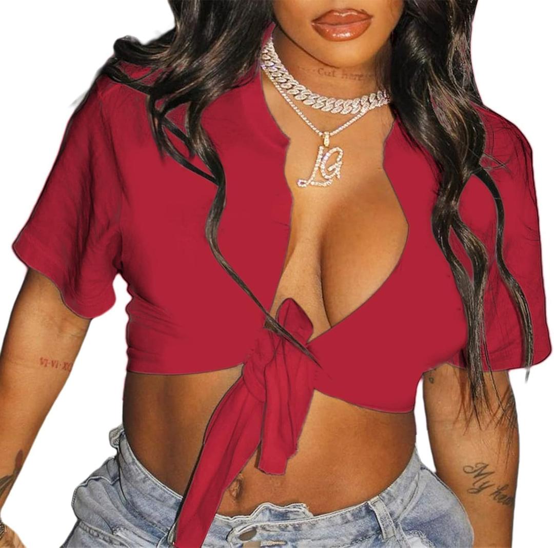Bornpom Women Sexy Graphic Tees Low Cut V Neck Tops Short Sleeve Shirts Knot Front Tops (Red, L)