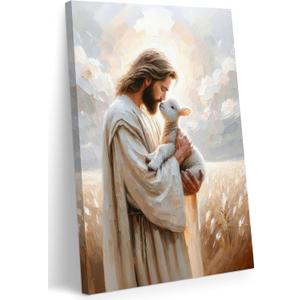 FWAHREN Christian Jesus and Lamb Canvas Wall Art, Good Shepherd Religious Painting Artwork, Framed Biblical pictures Poster Print Wall Decor for Church Prayer Room Home Office, Wrapped Canvas 16x24in