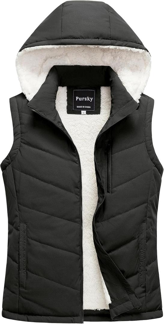 Pursky Women's Winter Vest Sherpa Fleece Lined Puffer Vest Warm Lightweight Sleeveless Jackets With Removable Hood (X-Large, Black)