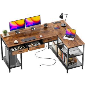 PRAISUN 55 Inch L Shaped Office Desk with Power Outlets and Type-C Port, Large Computer Gaming Desk with 3 Fabric Drawers, Mesh Shelves, Corner Study Work Writing Desk, Rustic Brown