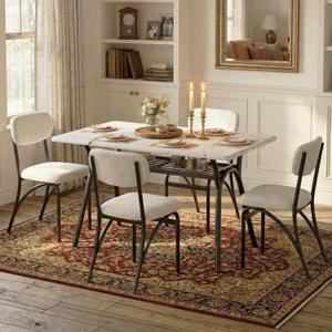 GarveeHome 5-Piece Dining Table Set for 4, Modern Kitchen Table with 4 Boucle Chairs, Rectangular Dining Table with Storage Shelf & Marble Tabletop, Beige Home Dining Furniture for Small Space