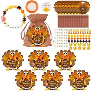BeYumi Thanksgiving Bracelet Craft Kit - 24 Pack Fall DIY Thanks Letter Beads Friendship Bracelets with Turkey Gift Cards Thankful Craft Kit Party School Classroom Fun Activities for Kids Ages 6-12