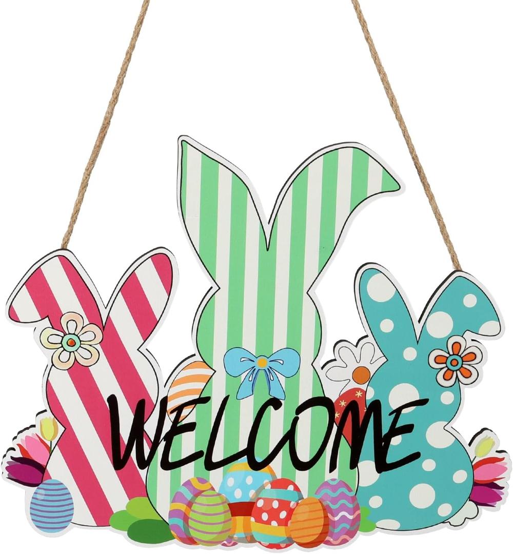 Lyeasw Easter Welcome Sign for Front Door- Easter Bunny Wreaths Wall Hanging Decor for for Spring Holiday Coffee Shop Bakery, Wooden Rabbit Decorations for Yard Front Porch Party Outdoor(Bunny & Eggs)