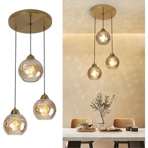 3-Light Gold Cluster Globe Ceiling Chandelier, Modern Brushed Brass Hanging Pendant Light with Amber Hammered Glass for Dining Room Staircase Entryway Foyer