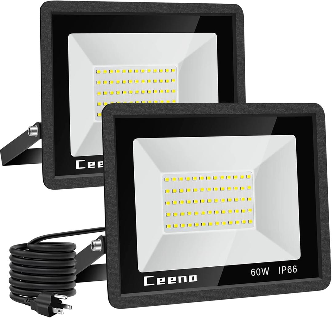 Ceena 2 Pack 60W Plug in LED Flood Light Outdoor, 6000lm Super Bright Floodlight with Switch and 5.9FT Wire, IP66 Waterproof 6000K LED Work Light for Garage, Yard, Patio, Front Door