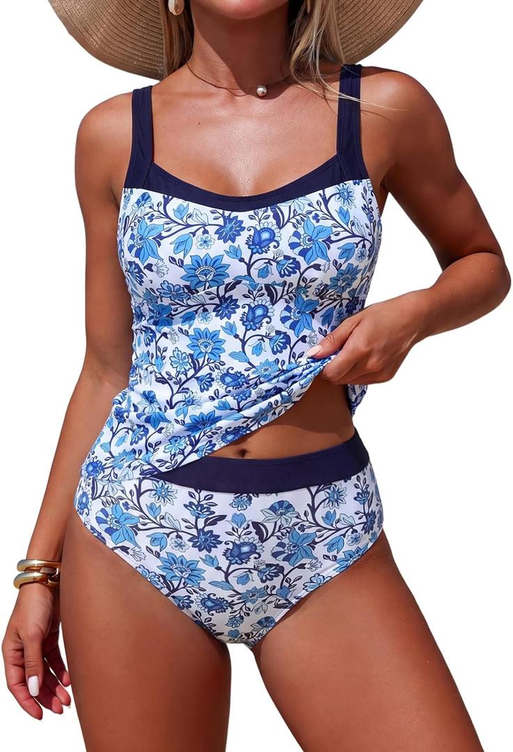 ZAFUL Womens Tankini Swimsuits Retro High Wasited 2 Piece Bathing Suit Modest Tummy Control Vacation Swimwear 2026 (L)