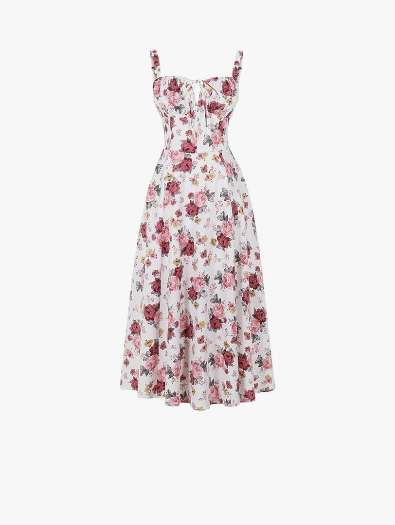 Women Floral Corset Dress Summer Dress 2024 Boho Flowy Slit Lace Up Midi Dresses Going Out A Line Casual Sundress size M