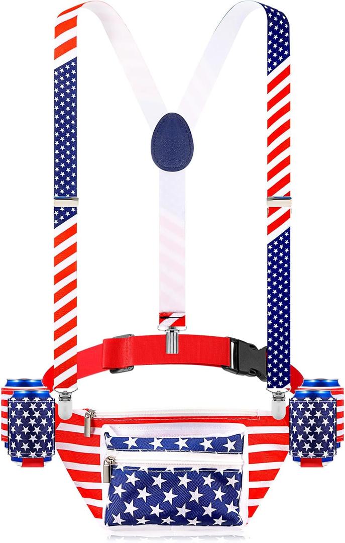 Veterans Day Fanny Packs Patriotic 4th of July Beverage Beer Belt Set USA Fanny Pack Bag with Suspenders Drink Holder for Memorial National Day(Fresh)