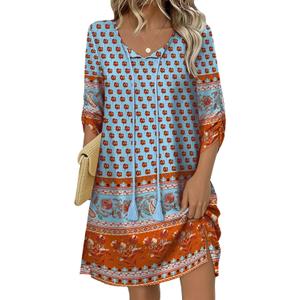HOTOUCH Boho Dresses for Women Casual Beach Summer Dress V Neck 3/4 Long Sleeve Short Floral Print Swimsuit Cover Up Sundress, L