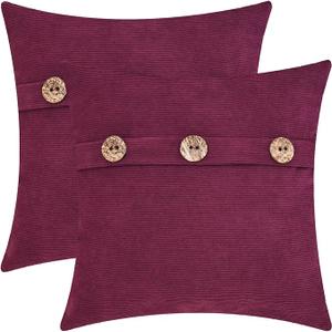 CaliTime Throw Pillow Cases Pack of 2 Ultra Soft Corduroy Striped Cushion Covers with Triple Large Natural Coconut Shell Buttons for Couch Sofa Home Farmhouse Decoration 16 X 16 Inches Black