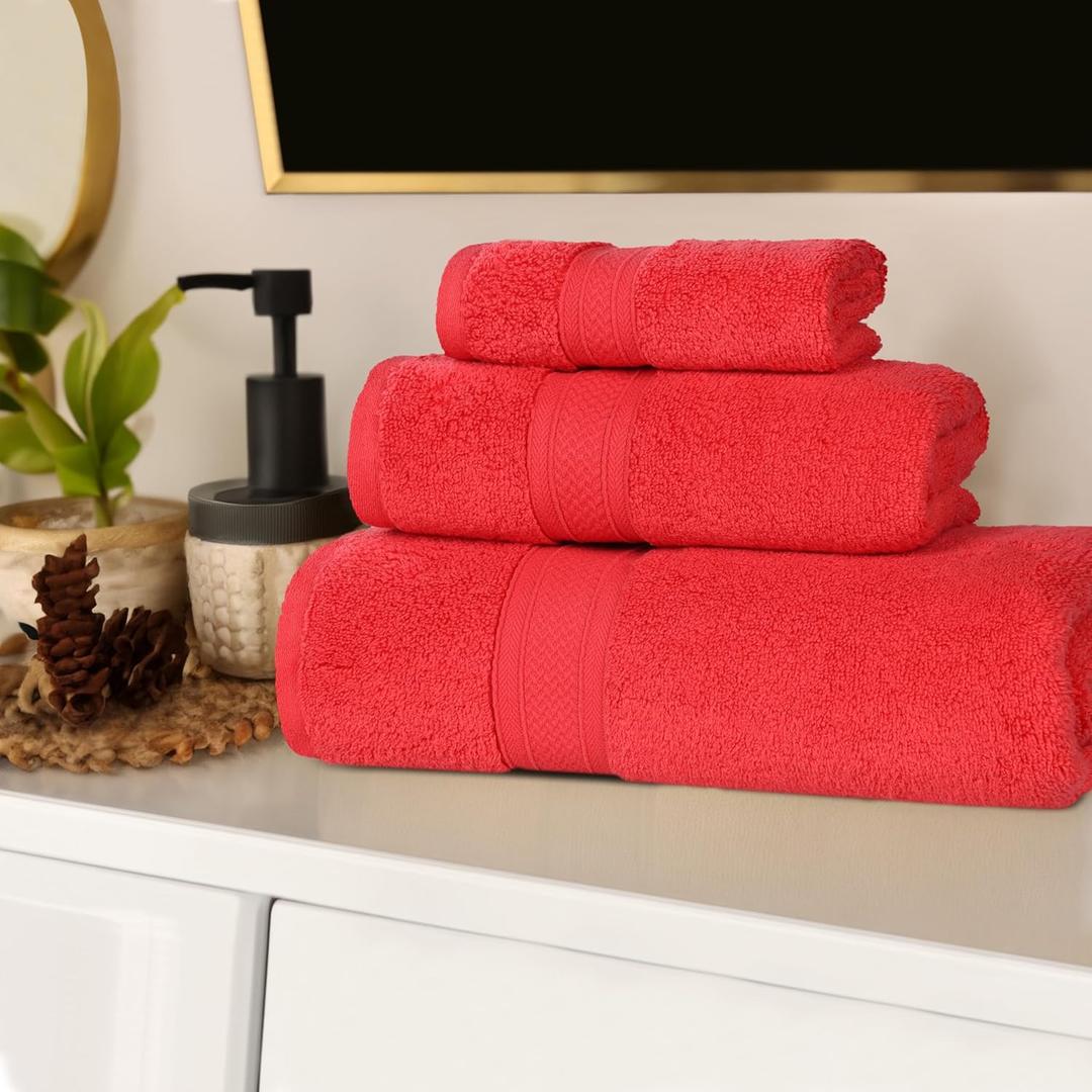 Superior Cotton 3-Piece Towel Set, Zero Twist, Quick Dry, Home Essentials, Shower, Spa, Luxury Plush Soft Absorbent Towels, Includes 1 Bath, 1 Hand, 1 Washcloth/Face Towel, Solid, Red