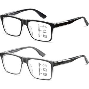 Progressive Multifocal Reading Glasses Men Women Multifocus Transition Readers TR90 Trifocal Blue Light Eyeglasses (Black & Grey)