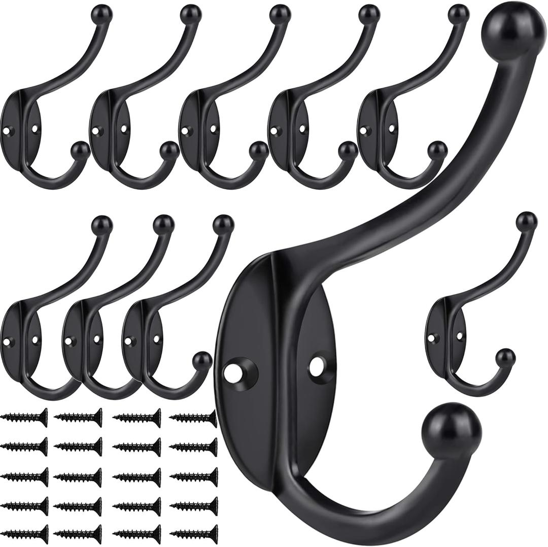 ZEYU 20Pcs Wall Hooks, Coat Hooks Hardware Heavy Duty Hooks for Hanging Coats Double No Rust Black Hooks Wall Mounted with Screws for Key, Towel, Bags, Cup, Hat