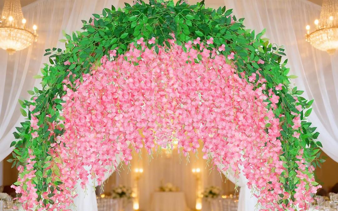 200 Pack Pink Wisteria Hanging Flowers,Fake Hanging Wisteria Flowers Garland for Decoration (3.6 Ft/Pcs)