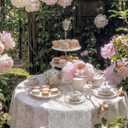 Breling 2 Pcs Spring Floral Tea Party Decoration Pink Vintage Rectangle Tablecloth White Lace Runner Set Flower Table Decor for Garden Wildflower Party Supplies, Bridal Shower Wedding, Baby Shower