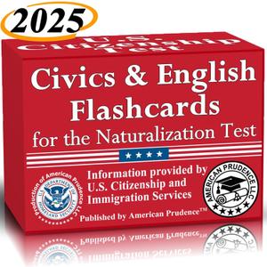US Citizenship Flash Cards 2025 to study for the Naturalization test includes Civics with all 100 USCIS illustrated questions and answers for American civics and English exam proficiency flashcards