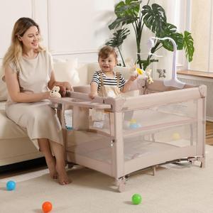4 in 1 Pack and Play, Portable Travel Baby Bassinet, Foldable Travel Playard Playpen for Toddler, Bedside Crib Sleeper, Diaper Changer Table, Baby Playard for Newborn (Champagne)
