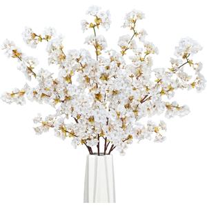 Sunm Boutique Silk Cherry Blossom Branches, Artificial Cherry Blossom Tree Stems Faux Cherry Flowers Vase Arrangements for Wedding Home Decor, Set of 5 (White)