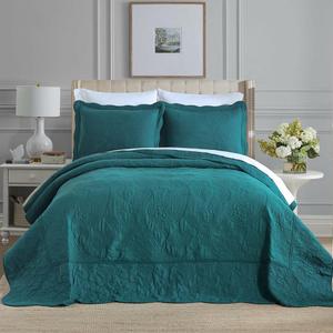 ENASAL Cotton Green Bedspread Quilt Bedding Sets King Size, 3 Pieces Reversible Comforters with Ruffle Edge Coverlets for All Seasons, Paisley Floral Stiching Pattern, Turquoise, King