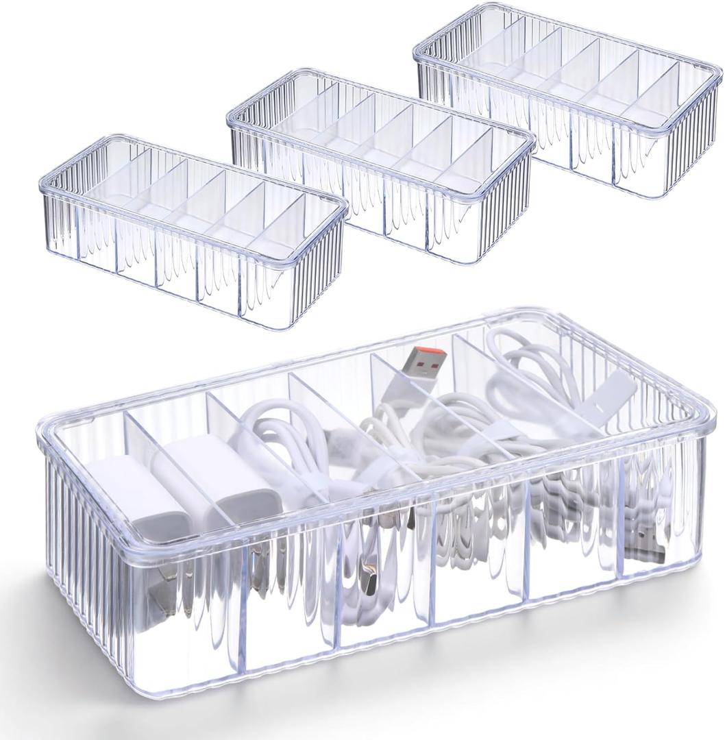 4 Pcs Cord Organizer Box, 8 x 4 x 2 Inch Clear Plastic Cable Organizer Box with Lid 6 Compartments Cord Boxs for Home, Office, Desktop Organization