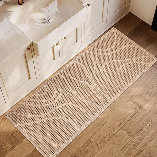 ZALL Tan Waffle Bath Mat Wavy,Super Absorbent Non Slip Bathroom Rug, Brown 24x60inch, Machine Washable Ultra Soft Floor Mats