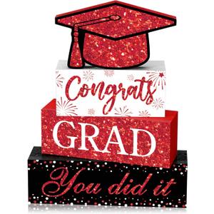 Cinnvoice 4 Pcs Graduation Table Decor 2026 Congrats Grad Centerpiece Class of 2026 Wood Sign Graduation Tiered Tray Decor Farmhouse Congratulate Gifts for Home Shelf Party Decorations(Red Black)