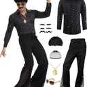 6 Pcs Mens 70s Disco Outfits Retro 80s Costume with Retro Shirt Bell Bottom Pants Wig Sunglasses Necklace Mustache, 2XL