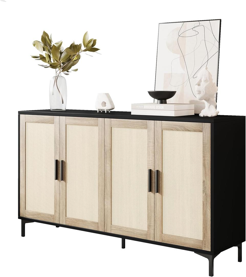 JASIWAY Buffet Cabinet with Storage, 48" Rattan Sideboard with Adjustable Shelves, Modern Coffee Bar Cabinet Console Table with Doors, Credenza for Kitchen, Living Room, Entryway, Dining Room, Black, 48.4x15"x33.4"