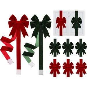 8 Pcs Christmas Velvet Cabinet Door Bows and Ribbons Large Red Green Velvet Bows for Christmas Cabinet Door Xmas Bows and Ribbon for Kitchen Furniture Winter Holiday Home Party Decoration Gifts