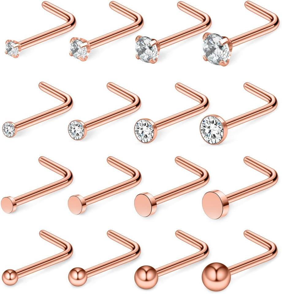 Ruifan 20G 18G Surgical Steel 1.5mm-3mm Flat Ball Clear Diamond CZ Opal Heart Nose Stud Rings L Shaped Piercing Jewelry 16-24PCS