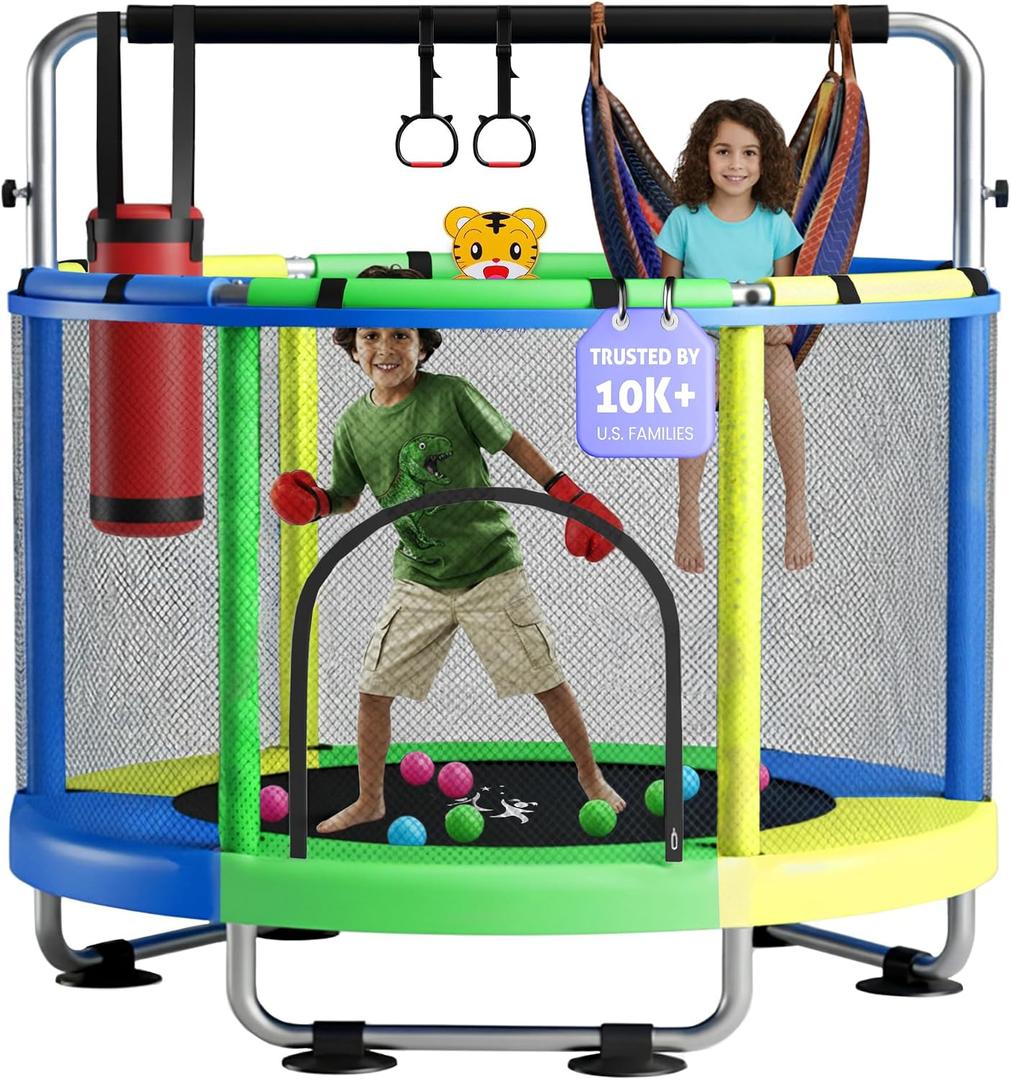 55" Toddler Trampoline for Kids Ages 38 Indoor & Outdoor Kids Trampoline Anti-Tilt Frame, Adjustable Gym Bar, Basketball Hoop, Ocean Balls, Boxing Bag, Hammock & Boxing Gloves