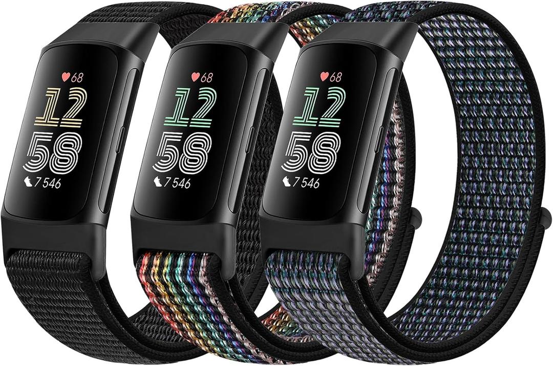 Sport Loop Nylon Watch Bands Compatible with Fitbit Charge 6/5, Adjustable Breathable Replacement Soft Nylon Loop Wristband for Women/Men (Dark Black+Black Rainbow+Hyper Grape Purple)