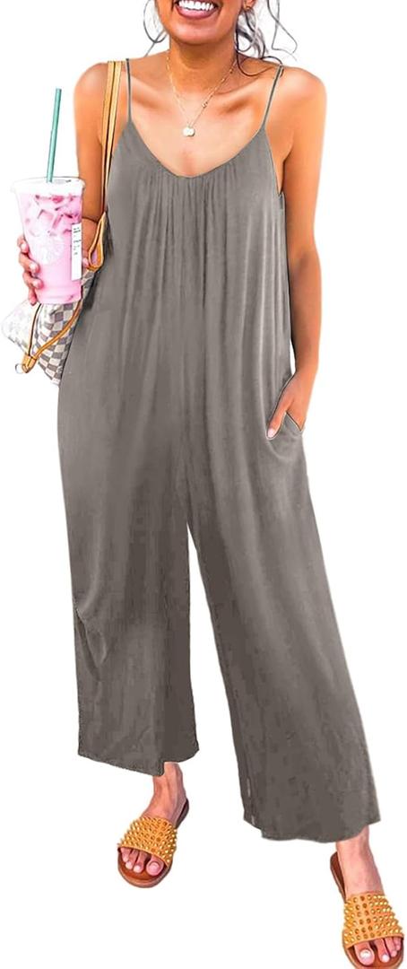 Happy Sailed Womens Casual Jumpsuits Loose Overalls Summer Sleeveless Stretchy Wide Leg Long Pants Romper with Pockets (Gray, L)