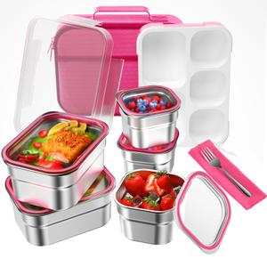 DaCool Stainless Steel Lunch Box Bento for Kids Adults Leakproof BPAFree Metal Lunch Containers Tray 5Compartment with Fork for Girls Food Snack Containers for School Outdoors, Pink