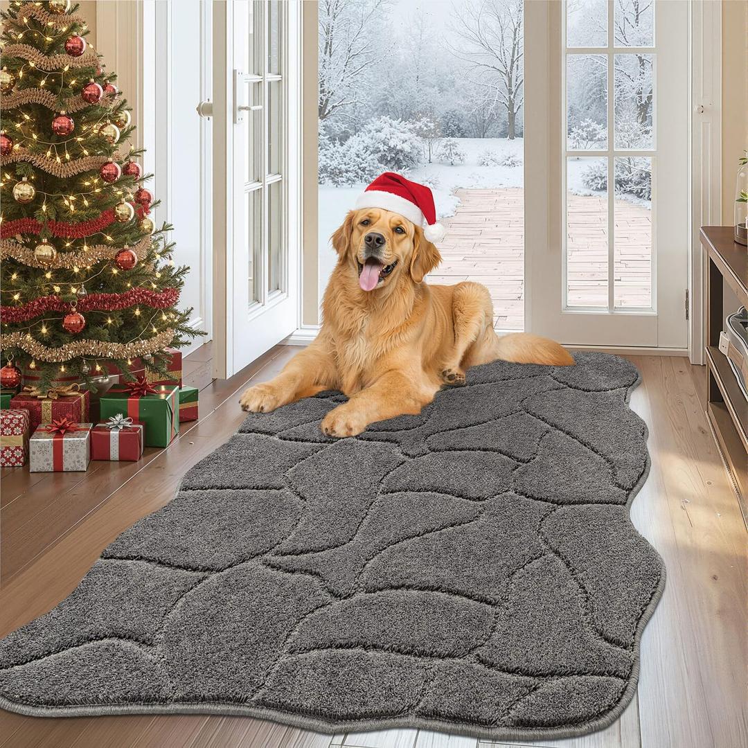 Large Dog Door Mat for Muddy Paws, 32x47 Absorbent Dirt Trapper Long Door Mat, Non-Slip Washable Mud Mat for Dogs, Polyester Microfiber Soft Pet Rug Mat for Entryway, Mud Dog Paws, Patio (Gray)