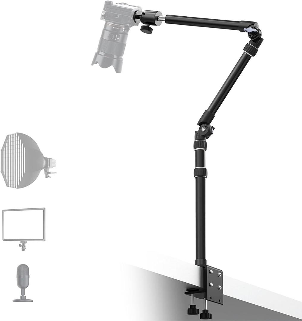All MetalRAUBAY Desktop Magic Arm, Overhead Camera Desk Mount, Table Light Stand with 1/4 Ball Head, 3/8" & 5/8" Adapter, C Clamp, Retractable Boom Arm for DSLR, Webcam, Microphone, Projector DMA01