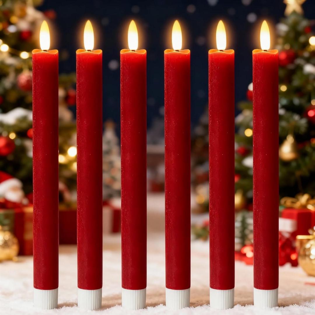 Red Flameless Taper Candles Battery Operated Flickering with 6H Timer, 3D Wick LED Taper Candles Real Wax Candlesticks, Party Christmas Home Decor 6 Pack 9.6" Christmas Red
