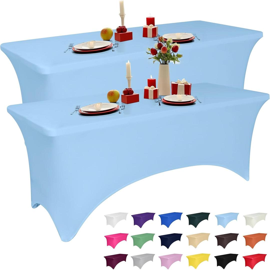 2 Pack 6 Feet Light Blue Spandex Tablecloth for Rectangular Tables, Fitted & Stretch, Washable, Wrinkle Resistant, Perfect for Event, Wedding, Party, Banquet, Cocktail, Festival, and Table Protector