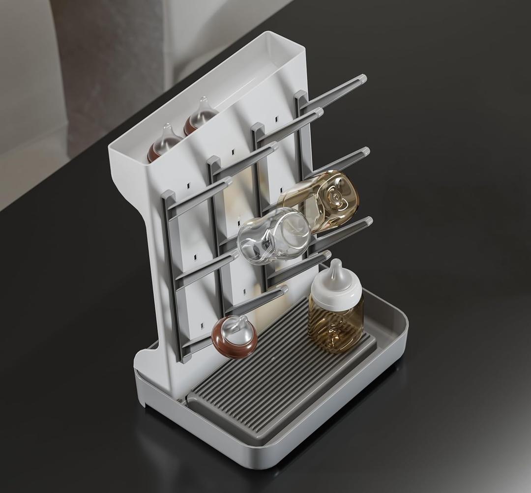 IEEK Baby Bottle Drying Rack, Large Vertical Drying Tower Bottle Rack Holder Space Saving Standing Drying Rack for Countertop-Holds 12 Baby Bottles and Cup, Detachable Travel Bottle Rack, Grey and White