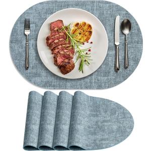 Placemats for Dining Table Set of 4 Non-Slip, Heat Resistant Oval Leather Placemat Double Layer, Waterproof Table Mats Easy to Clean for Kitchen Dining Room Coffee Office Table, Light Blue
