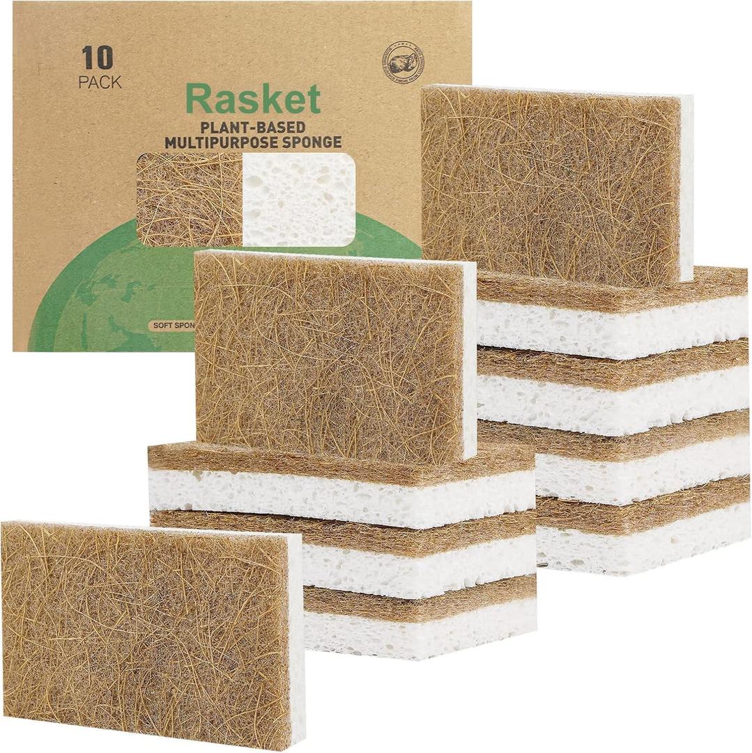 10 Pack Biodegradable Natural Sponges Kitchen - Compostable Cellulose and Coconut Walnut Scrubber Sponge - Eco Friendly Sponges for Dishes