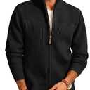 PJ PAUL JONES Cardigan for Men Full Zip Knitted Long Sleeve Sweaters Ribbed Textured Stand Collar Knitted Cardigan Black L