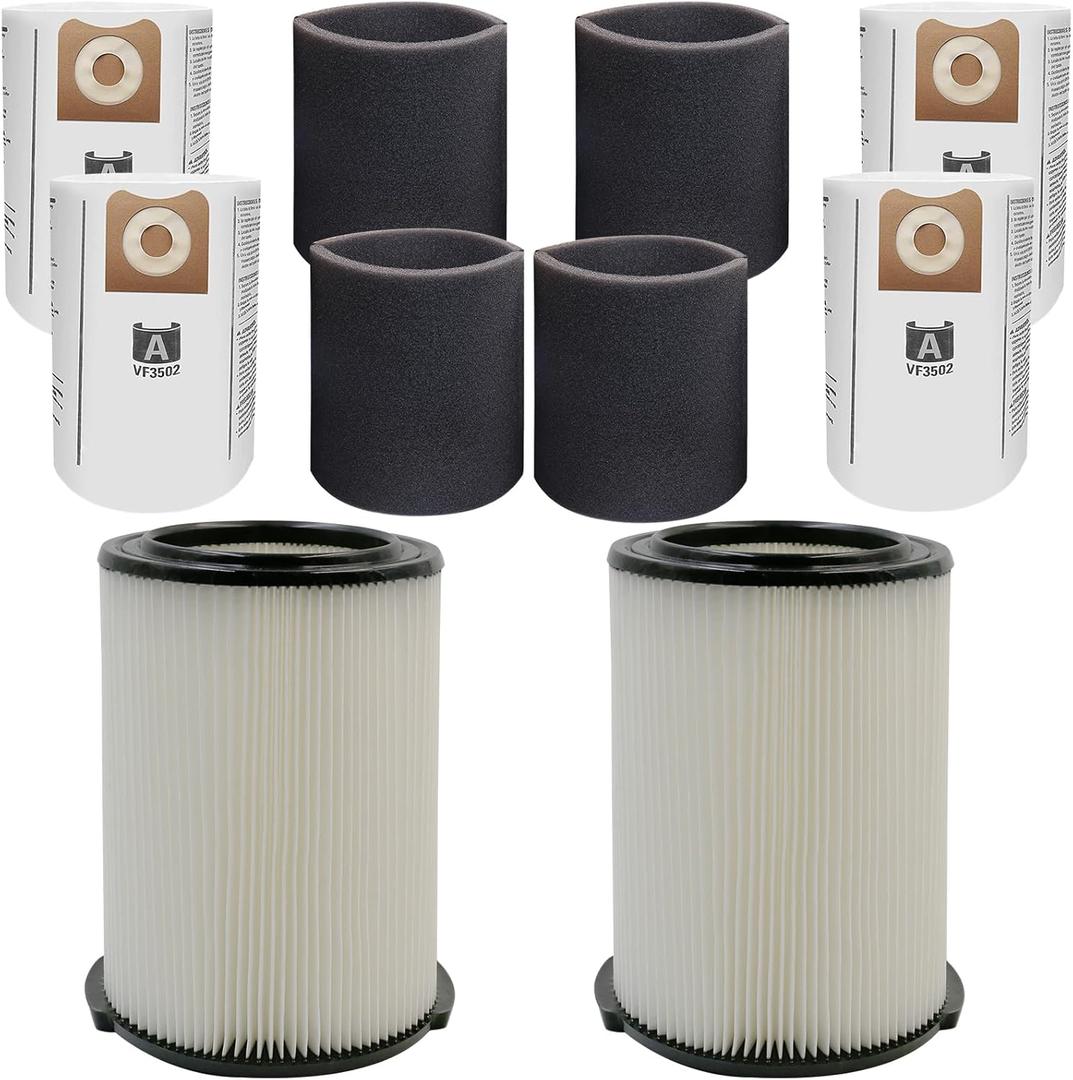 2 Pack VF4000 Filters + 4 Pack VF3502 Filter Bags + 4 Pack Foam Sleeve for Ridgid 5-20 Gallon Wet Dry Vacuum Cleaner (10 Pack)
