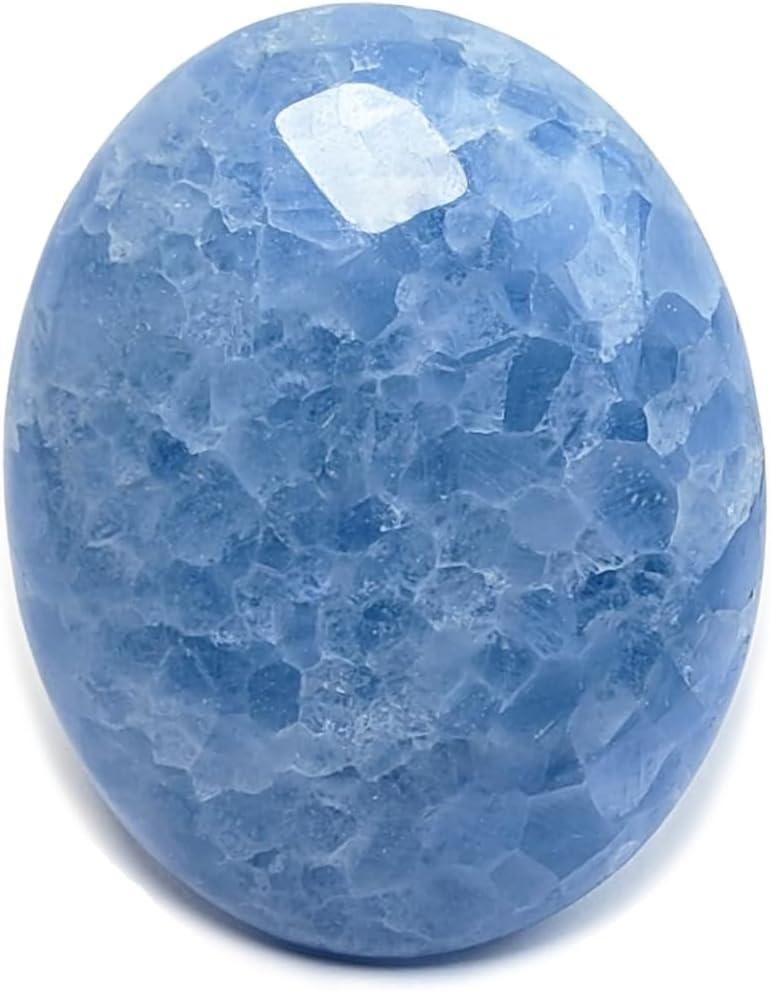 [Eusice] Blue Calcite Palm Stone, Polished Stones for Relaxation, Reiki Worrystone Gemstone, Natural Rocks from Madagascar, Chakra Healing Stone (Large)