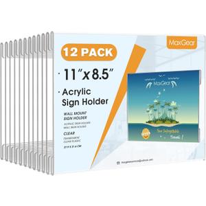 MaxGear Acrylic Sign Holder 8.5x11 with Double Sided Tape, 12 Pack Clear Plastic Door Wall Mount Sign Holder, Document Flyer Poster Paper Acrylic Wall Frame for Office, Home, Store, Restaurant