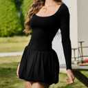 HYPERFIRE Women's Elegant Long Sleeve Scoop Neck Puff Bubble Mini Cocktail Dress Party Club (Black, L)