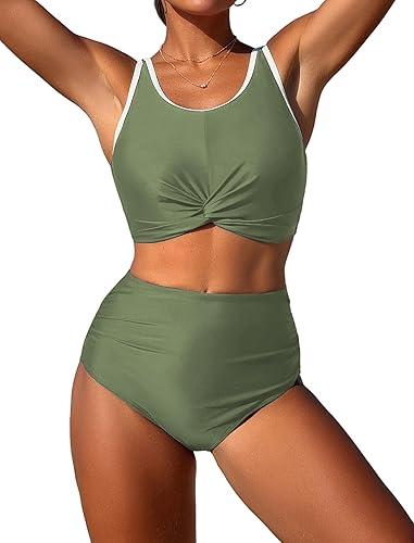 ZAFUL High Waisted Bikini Sets for Women Two Piece Swimsuit Modest Bathing Suit Tummy Control Swim Suit Twist Front Push Up Bikini Top with Full Coverage Bikini Bottom Cute Swimwear 2025 Olive-Green S