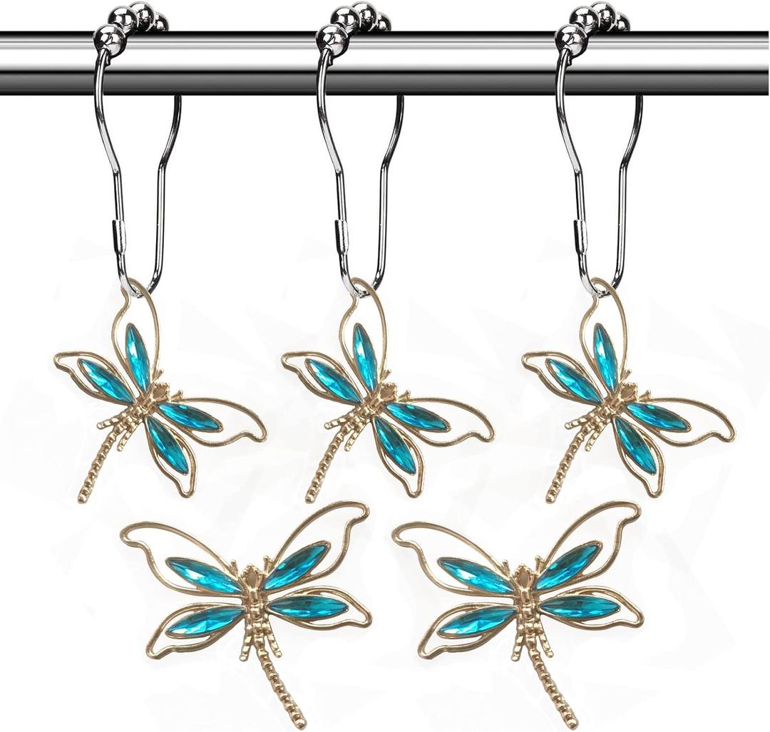 Crystal Dragonfly Shower Curtain Hooks - Brushed Nickel Rings with Rhinestones Dragonfly Pendant,Rust Proof Silver Metal Curtain Hangers (Lagoon Blue)